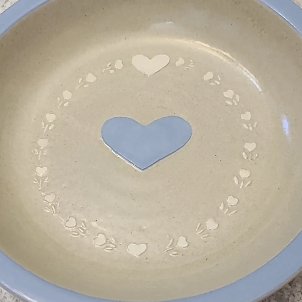 Studio Pottery Blue and Cream Heart Design Pie Plate Bowl